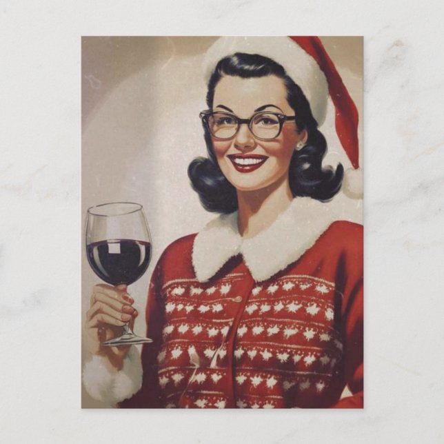 Christmas Wine Vintage Woman  Postcard (Front)