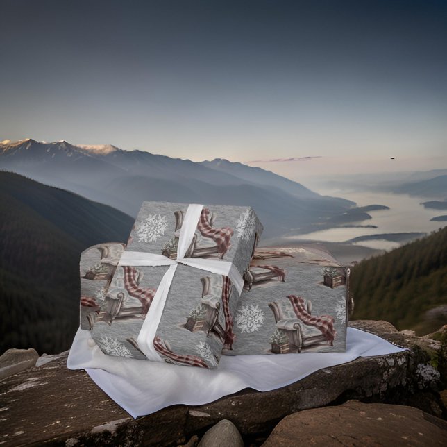  Christmas Wingback Plaid Snowflakes Steel Grey Wrapping Paper (Creator Uploaded)