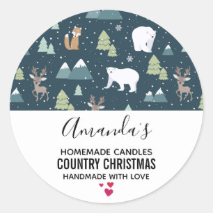 Christmas Winter Animals Rustic Pattern Candle Classic Round Sticker