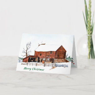 Christmas Winter Barn Painting Card