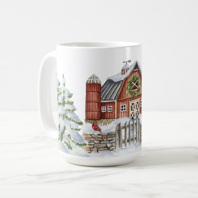 Christmas Winter Barn Snowman Trees Red Bird Snow Coffee Mug (Front Left)