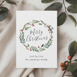 Christmas Winter Berries Wreath Merry Christmas Holiday Card<br><div class="desc">Custom-designed no-photo holiday cards featuring elegant watercolor Christmas wreath with winter greenery and red berries.</div>