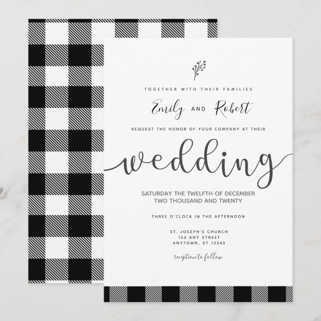 Christmas Winter Black White Buffalo Plaid Wedding Invitation (Front/Back)