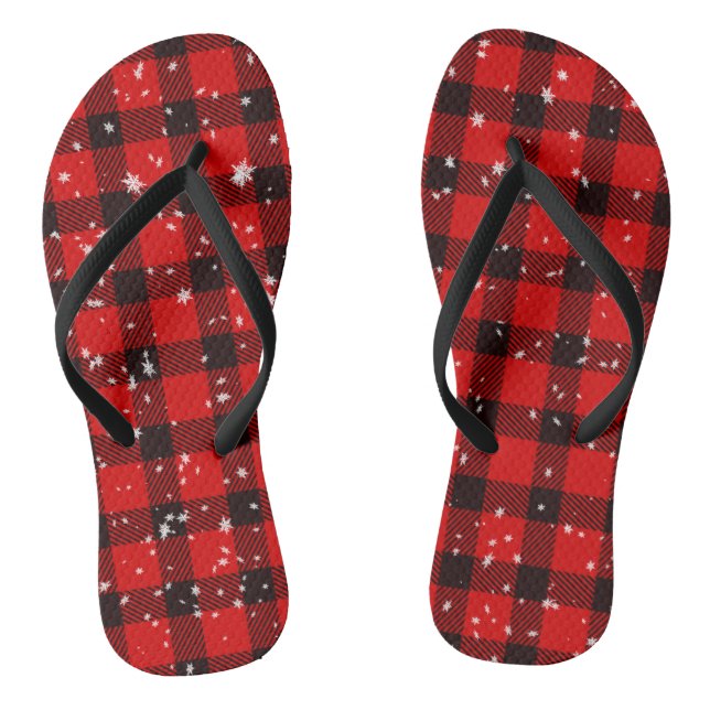 Christmas Winter Buffalo Plaid Snowflakes Flip Flops (Footbed)