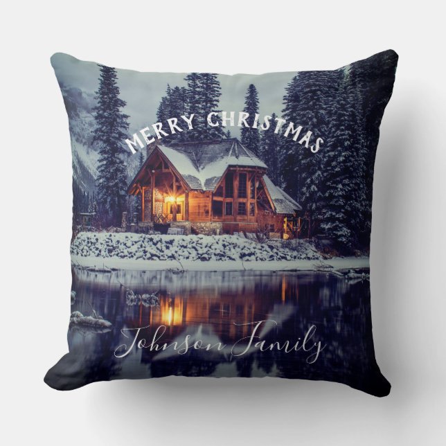 Christmas Winter Cabin By The Lake Cushion (Front)