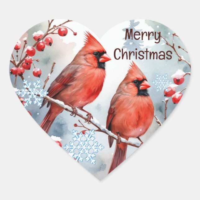 Christmas, Winter Cardinal Red Bird Berries Forest Heart Sticker (Front)