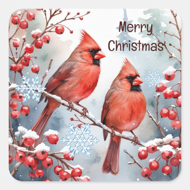 Christmas, Winter Cardinal Red Bird Berries Forest Square Sticker (Front)