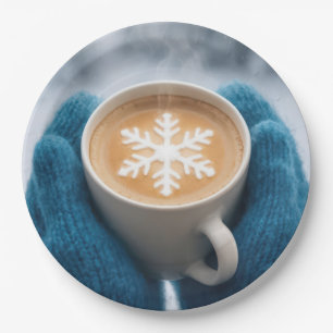 Christmas Winter Coffee With Mittens and Snowflake Paper Plate