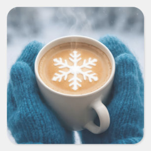 Christmas Winter Coffee With Mittens and Snowflake Square Sticker