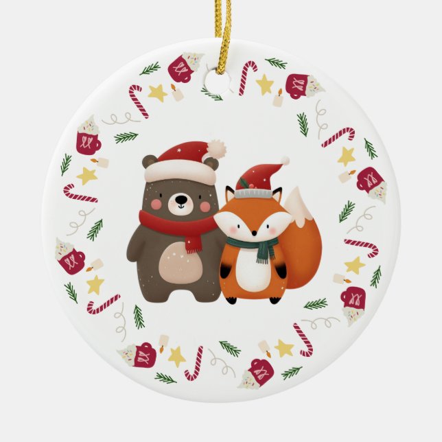 Christmas/Winter Cute Bear & Fox Ceramic Tree Decoration (Front)