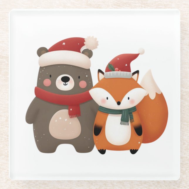Christmas/Winter Cute Bear & Fox Glass Coaster (Front)
