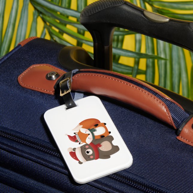 Christmas/Winter Cute Bear & Fox Luggage Tag (Front Insitu 1)