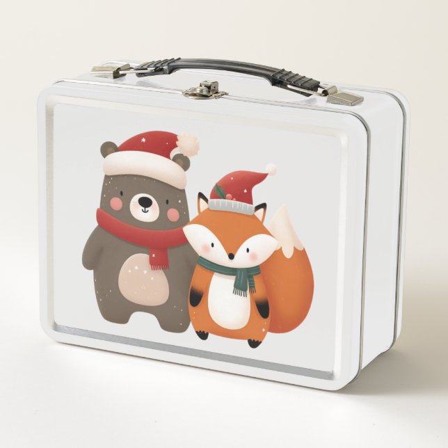 Christmas/Winter Cute Bear & Fox Metal Lunch Box (Front)