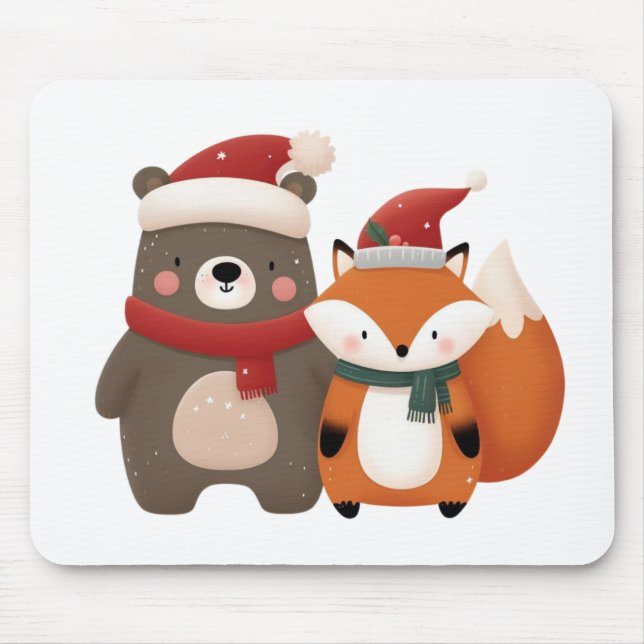 Christmas/Winter Cute Bear & Fox Mouse Mat (Front)