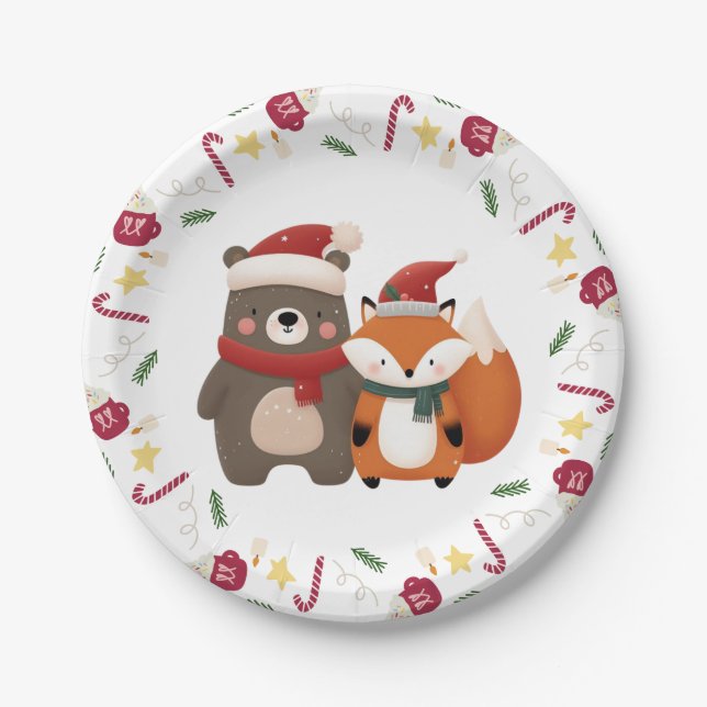 Christmas/Winter Cute Bear & Fox Paper Plate (Front)