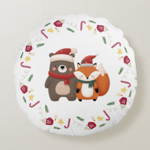 Christmas/Winter Cute Bear & Fox Round Cushion