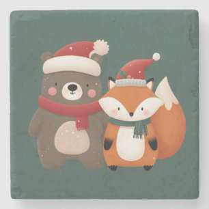 Christmas/Winter Cute Bear & Fox Stone Coaster