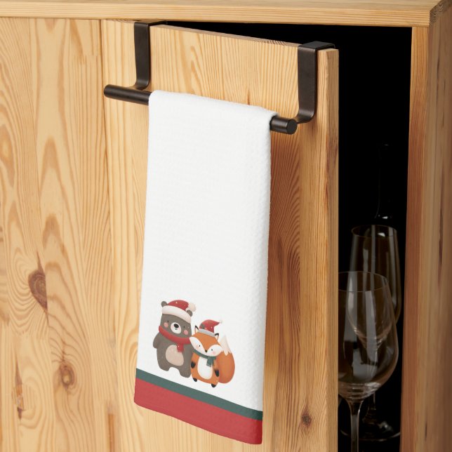 Christmas/Winter Cute Bear & Fox Tea Towel (Thirds Fold)