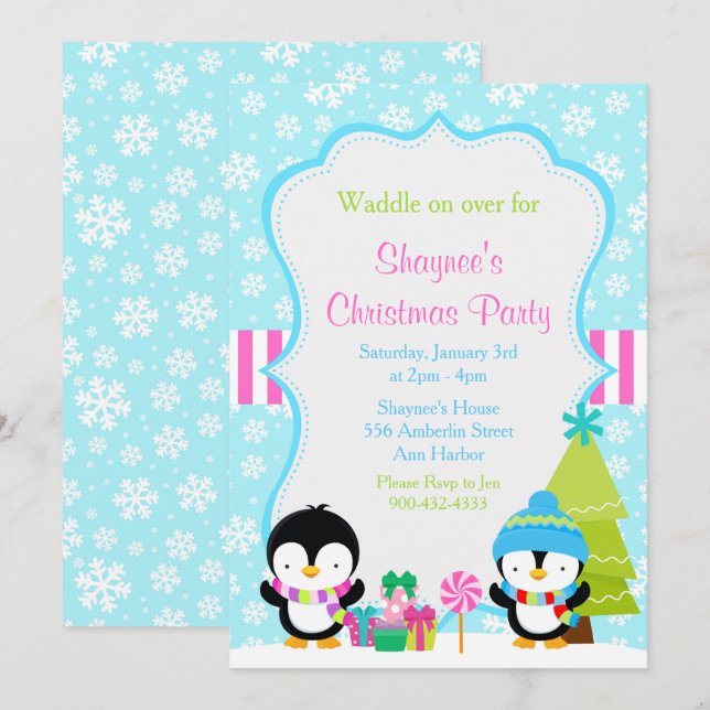 Christmas Winter Cute Penguins Invitation (Front/Back)
