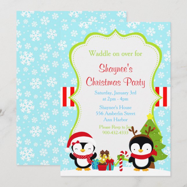 Christmas Winter Cute Penguins Invitation (Front/Back)