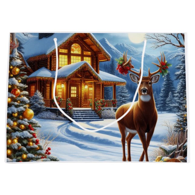 Christmas/Winter Deer Lodge Large Gift Bag (Front)