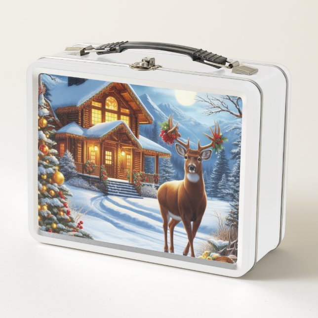 Christmas/Winter Deer Lodge Metal Lunch Box (Front)