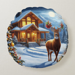 Christmas/Winter Deer Lodge Round Cushion