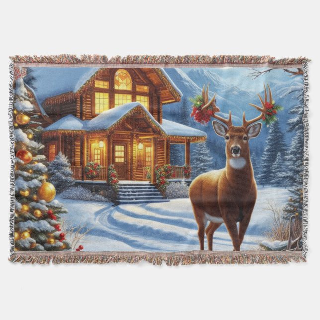 Christmas/Winter Deer Lodge Throw Blanket (Front)