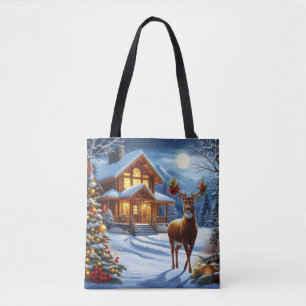 Christmas/Winter Deer Lodge Tote Bag