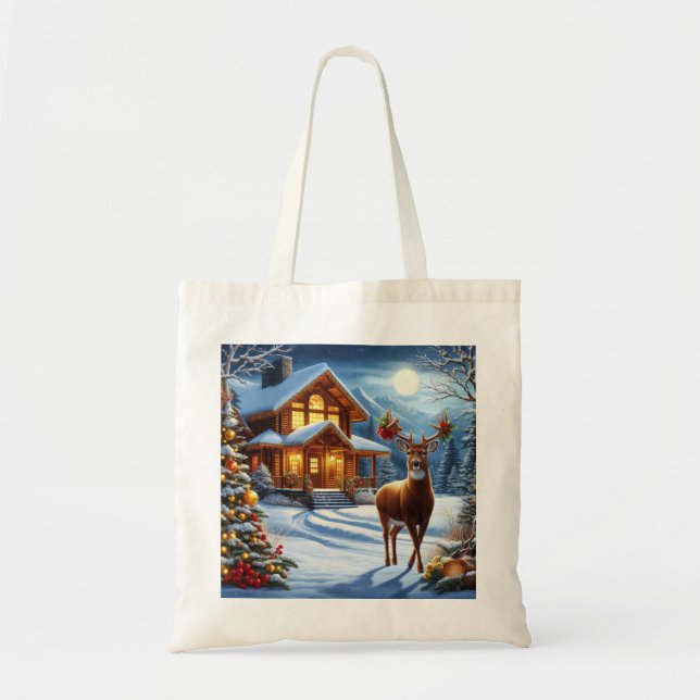 Christmas/Winter Deer Lodge Tote Bag (Front)