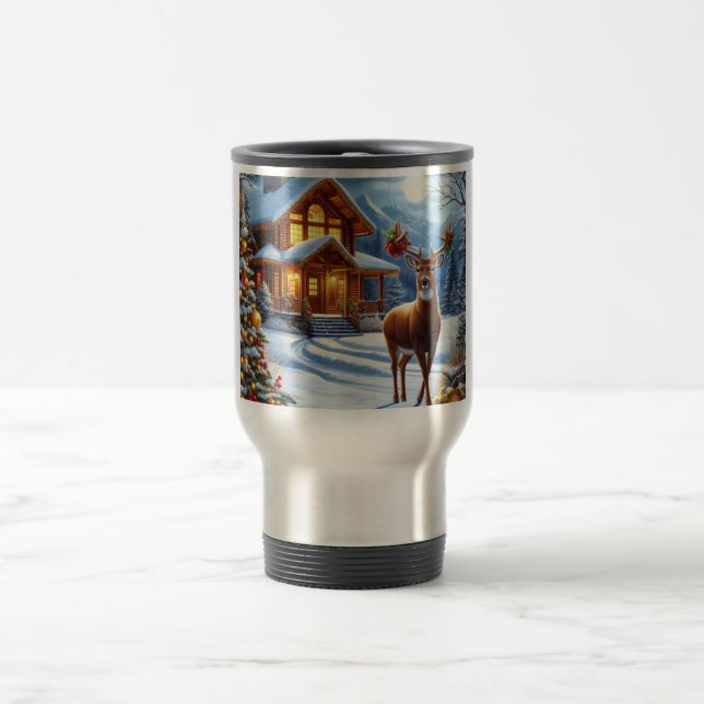 Christmas/Winter Deer Lodge Travel Mug (Center)