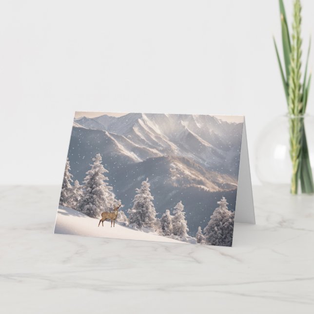Christmas Winter Deer On Mountain Holiday Card (Front)