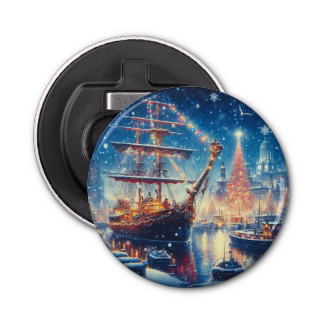 Christmas/Winter docked ship Bottle Opener (Front)