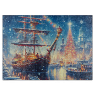 Christmas/Winter docked ship Cutting Board