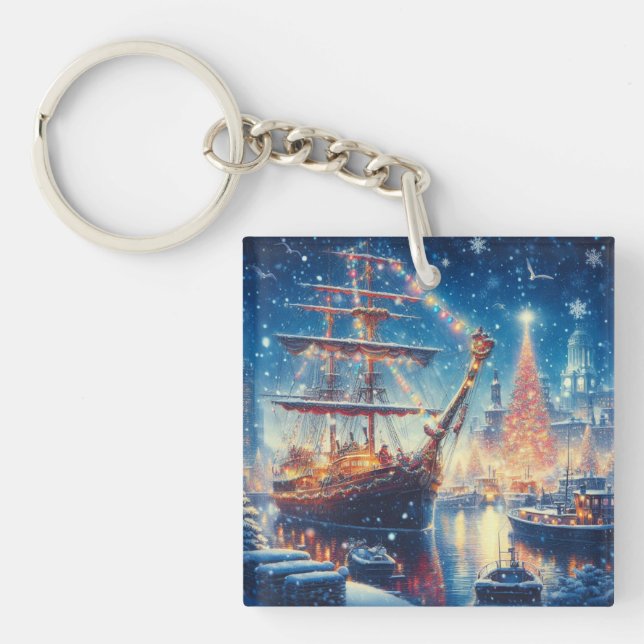 Christmas/Winter docked ship Key Ring (Front)