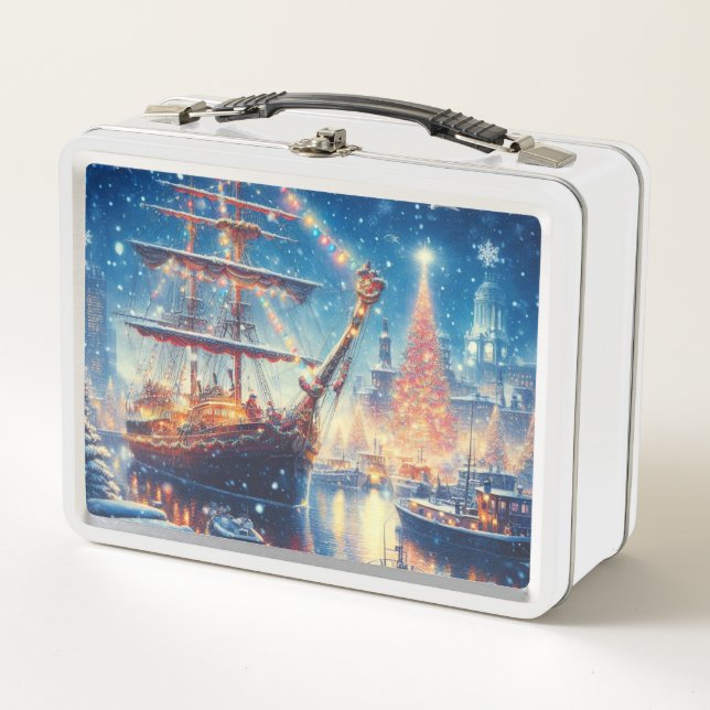 Christmas/Winter docked ship Metal Lunch Box (Front)