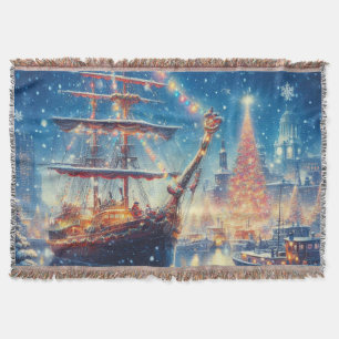 Christmas/Winter docked ship Throw Blanket