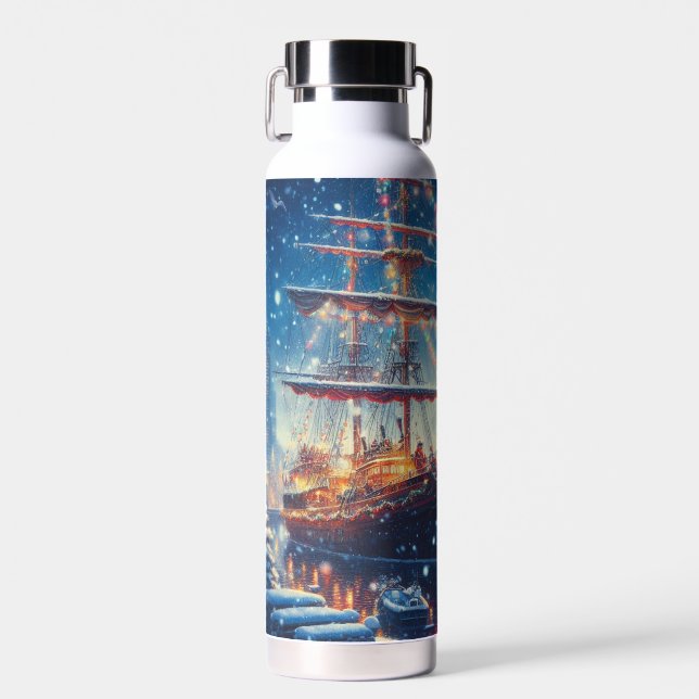 Christmas/Winter docked ship Water Bottle (Front)