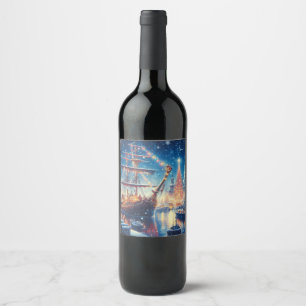 Christmas/Winter docked ship Wine Label