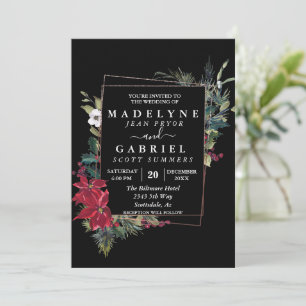 Christmas Winter Elegant Poinsettia Black Wedding  Invitation