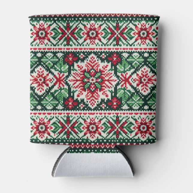 Christmas/Winter fair isle red & green Can Cooler (Front)