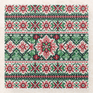 Christmas/Winter fair isle red & green Glass Coaster