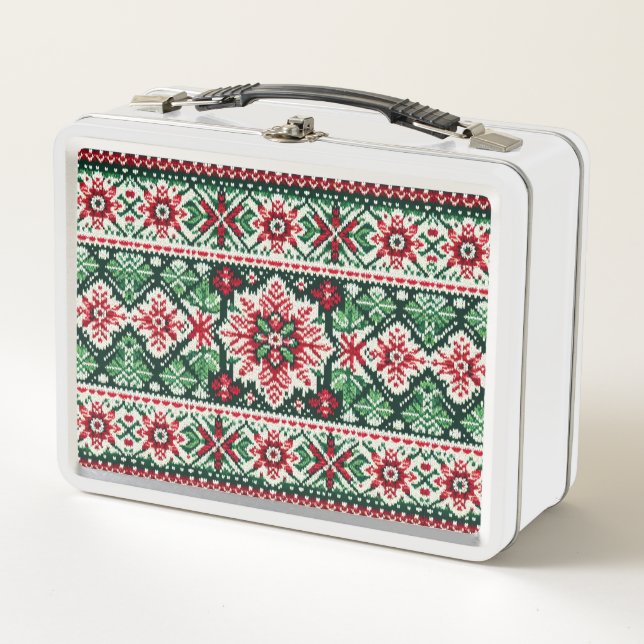 Christmas/Winter fair isle red & green Metal Lunch Box (Front)
