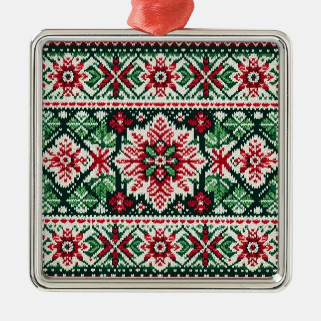 Christmas/Winter fair isle red & green Metal Tree Decoration (Front)