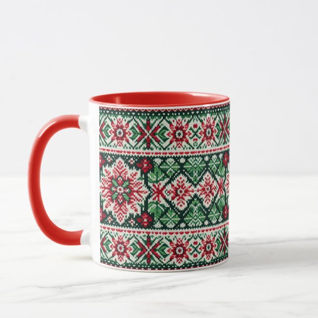 Christmas/Winter fair isle red & green Mug (Left)