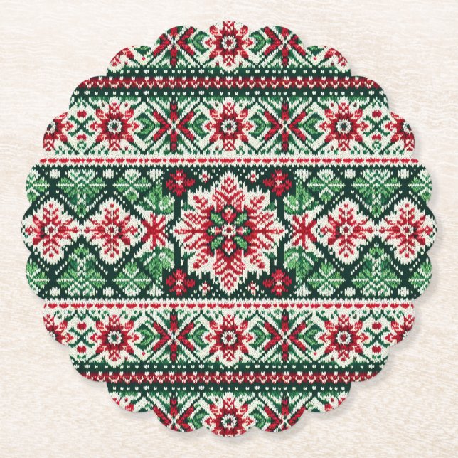 Christmas/Winter fair isle red & green Paper Coaster (Front)