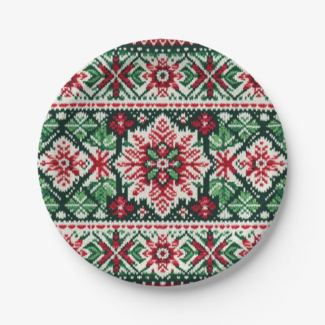 Christmas/Winter fair isle red & green Paper Plate (Front)
