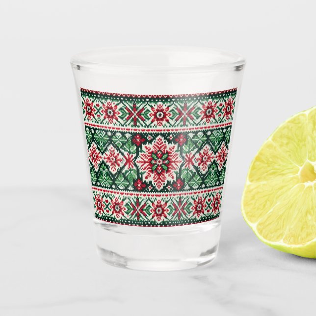 Christmas/Winter fair isle red & green Shot Glass (Front)