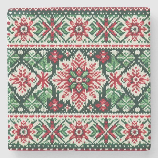 Christmas/Winter fair isle red & green Stone Coaster (Front)
