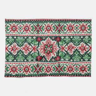 Christmas/Winter fair isle red & green Tea Towel